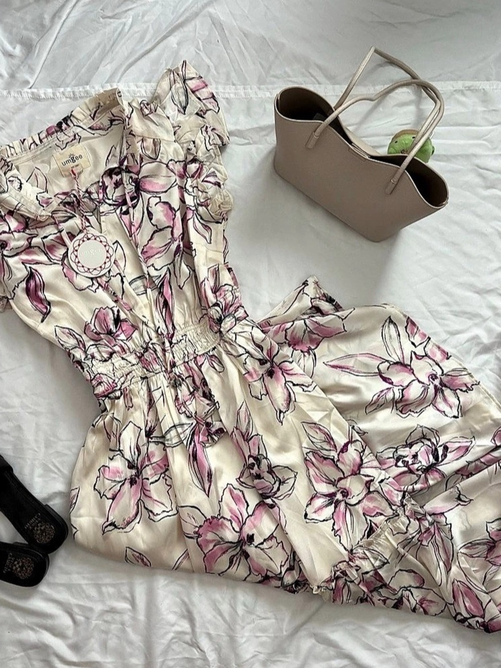umgee Floral Print Ruffle Short Sleeve Maxi Dress in Pink & Cream